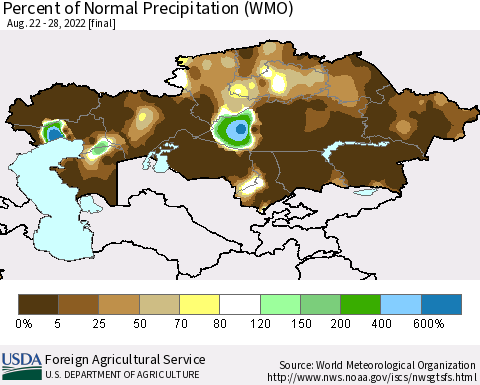 Kazakhstan Percent of Normal Precipitation (WMO) Thematic Map For 8/22/2022 - 8/28/2022