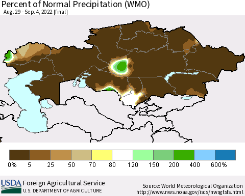 Kazakhstan Percent of Normal Precipitation (WMO) Thematic Map For 8/29/2022 - 9/4/2022
