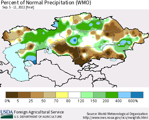 Kazakhstan Percent of Normal Precipitation (WMO) Thematic Map For 9/5/2022 - 9/11/2022