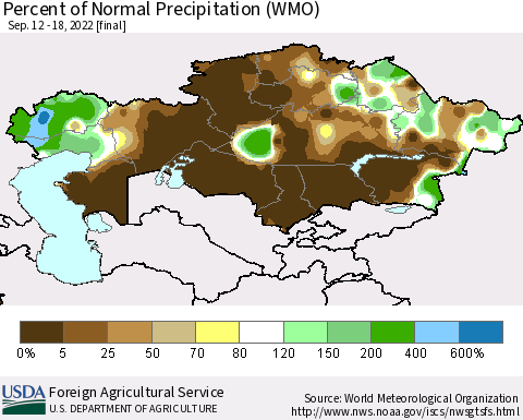 Kazakhstan Percent of Normal Precipitation (WMO) Thematic Map For 9/12/2022 - 9/18/2022