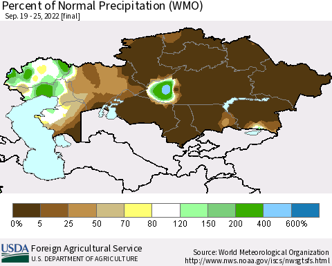 Kazakhstan Percent of Normal Precipitation (WMO) Thematic Map For 9/19/2022 - 9/25/2022