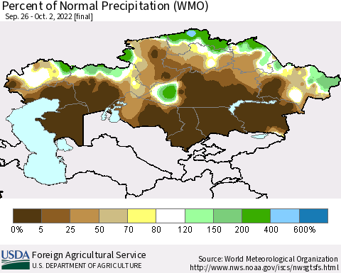 Kazakhstan Percent of Normal Precipitation (WMO) Thematic Map For 9/26/2022 - 10/2/2022