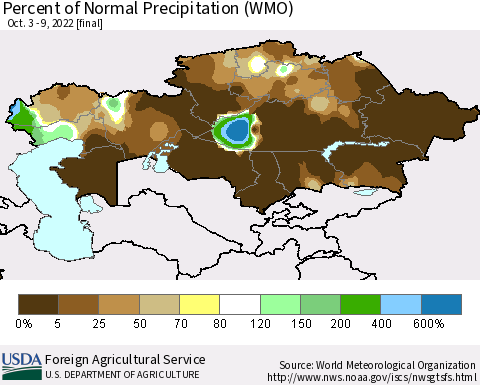 Kazakhstan Percent of Normal Precipitation (WMO) Thematic Map For 10/3/2022 - 10/9/2022