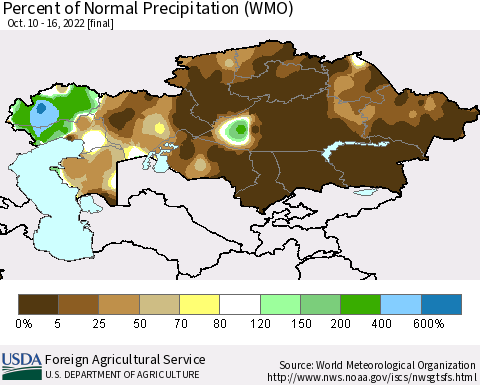 Kazakhstan Percent of Normal Precipitation (WMO) Thematic Map For 10/10/2022 - 10/16/2022