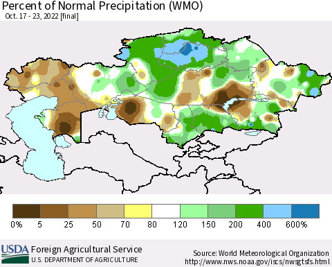 Kazakhstan Percent of Normal Precipitation (WMO) Thematic Map For 10/17/2022 - 10/23/2022