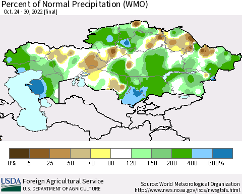 Kazakhstan Percent of Normal Precipitation (WMO) Thematic Map For 10/24/2022 - 10/30/2022