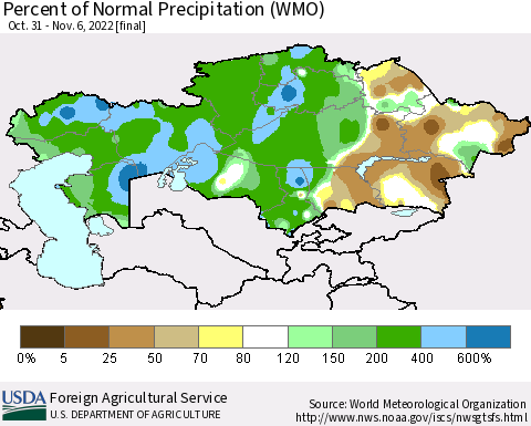 Kazakhstan Percent of Normal Precipitation (WMO) Thematic Map For 10/31/2022 - 11/6/2022