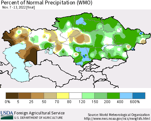 Kazakhstan Percent of Normal Precipitation (WMO) Thematic Map For 11/7/2022 - 11/13/2022