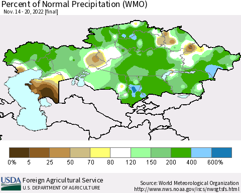 Kazakhstan Percent of Normal Precipitation (WMO) Thematic Map For 11/14/2022 - 11/20/2022