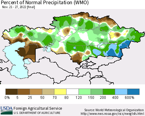 Kazakhstan Percent of Normal Precipitation (WMO) Thematic Map For 11/21/2022 - 11/27/2022