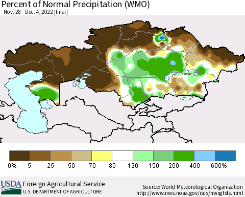 Kazakhstan Percent of Normal Precipitation (WMO) Thematic Map For 11/28/2022 - 12/4/2022