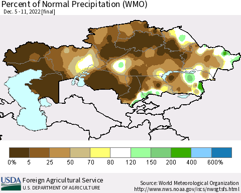 Kazakhstan Percent of Normal Precipitation (WMO) Thematic Map For 12/5/2022 - 12/11/2022