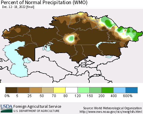 Kazakhstan Percent of Normal Precipitation (WMO) Thematic Map For 12/12/2022 - 12/18/2022