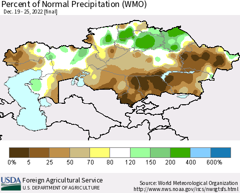 Kazakhstan Percent of Normal Precipitation (WMO) Thematic Map For 12/19/2022 - 12/25/2022