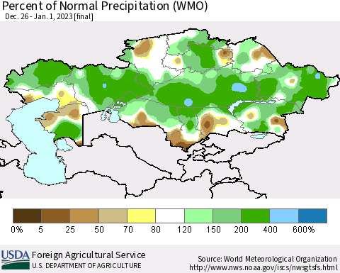 Kazakhstan Percent of Normal Precipitation (WMO) Thematic Map For 12/26/2022 - 1/1/2023