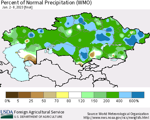 Kazakhstan Percent of Normal Precipitation (WMO) Thematic Map For 1/2/2023 - 1/8/2023