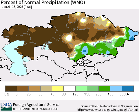 Kazakhstan Percent of Normal Precipitation (WMO) Thematic Map For 1/9/2023 - 1/15/2023