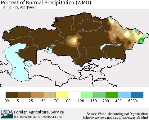 Kazakhstan Percent of Normal Precipitation (WMO) Thematic Map For 1/16/2023 - 1/22/2023