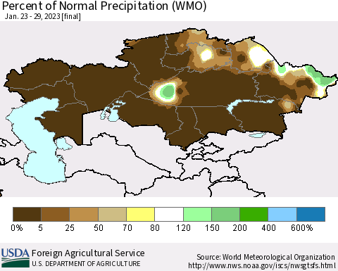 Kazakhstan Percent of Normal Precipitation (WMO) Thematic Map For 1/23/2023 - 1/29/2023