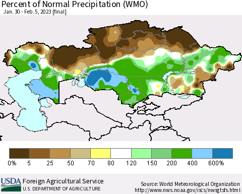 Kazakhstan Percent of Normal Precipitation (WMO) Thematic Map For 1/30/2023 - 2/5/2023
