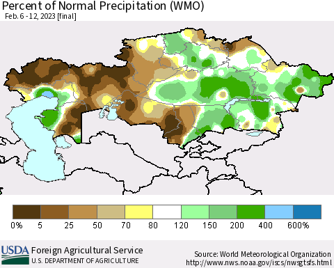 Kazakhstan Percent of Normal Precipitation (WMO) Thematic Map For 2/6/2023 - 2/12/2023