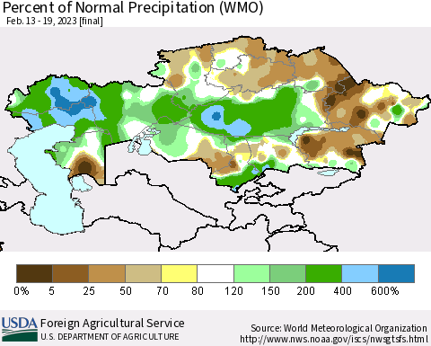 Kazakhstan Percent of Normal Precipitation (WMO) Thematic Map For 2/13/2023 - 2/19/2023