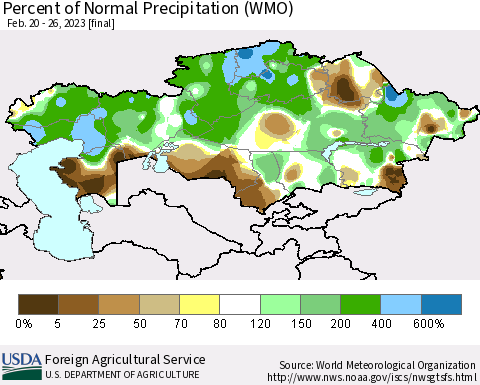 Kazakhstan Percent of Normal Precipitation (WMO) Thematic Map For 2/20/2023 - 2/26/2023