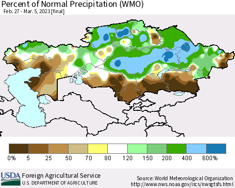 Kazakhstan Percent of Normal Precipitation (WMO) Thematic Map For 2/27/2023 - 3/5/2023