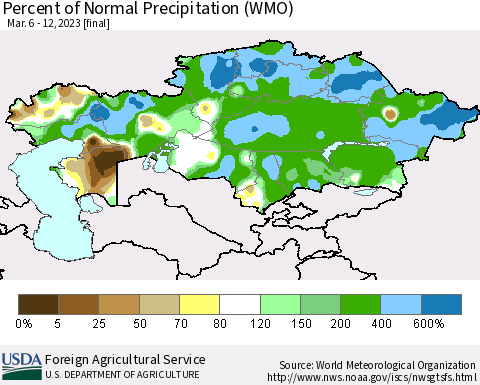 Kazakhstan Percent of Normal Precipitation (WMO) Thematic Map For 3/6/2023 - 3/12/2023