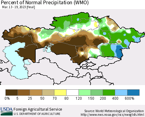 Kazakhstan Percent of Normal Precipitation (WMO) Thematic Map For 3/13/2023 - 3/19/2023