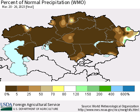 Kazakhstan Percent of Normal Precipitation (WMO) Thematic Map For 3/20/2023 - 3/26/2023
