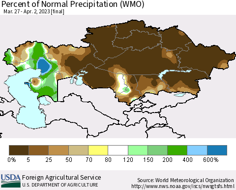 Kazakhstan Percent of Normal Precipitation (WMO) Thematic Map For 3/27/2023 - 4/2/2023