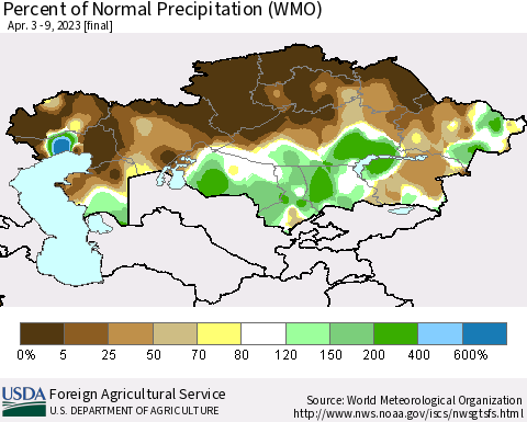 Kazakhstan Percent of Normal Precipitation (WMO) Thematic Map For 4/3/2023 - 4/9/2023