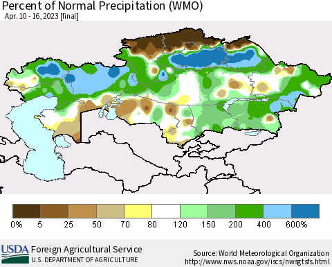 Kazakhstan Percent of Normal Precipitation (WMO) Thematic Map For 4/10/2023 - 4/16/2023