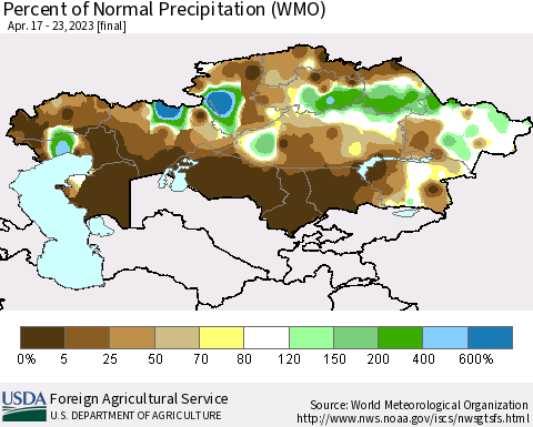 Kazakhstan Percent of Normal Precipitation (WMO) Thematic Map For 4/17/2023 - 4/23/2023