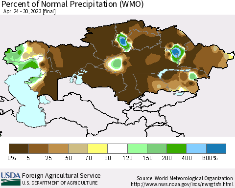 Kazakhstan Percent of Normal Precipitation (WMO) Thematic Map For 4/24/2023 - 4/30/2023