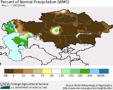 Kazakhstan Percent of Normal Precipitation (WMO) Thematic Map For 5/1/2023 - 5/7/2023