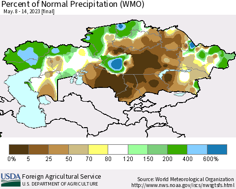 Kazakhstan Percent of Normal Precipitation (WMO) Thematic Map For 5/8/2023 - 5/14/2023