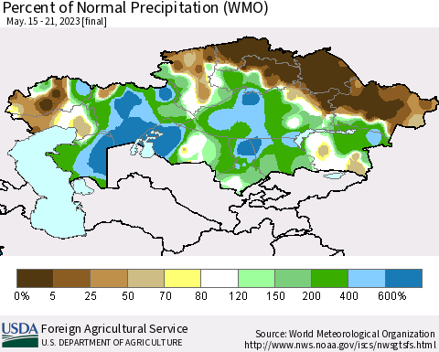 Kazakhstan Percent of Normal Precipitation (WMO) Thematic Map For 5/15/2023 - 5/21/2023