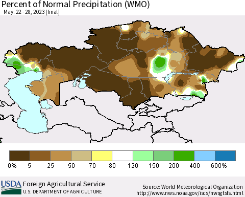 Kazakhstan Percent of Normal Precipitation (WMO) Thematic Map For 5/22/2023 - 5/28/2023