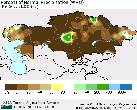 Kazakhstan Percent of Normal Precipitation (WMO) Thematic Map For 5/29/2023 - 6/4/2023