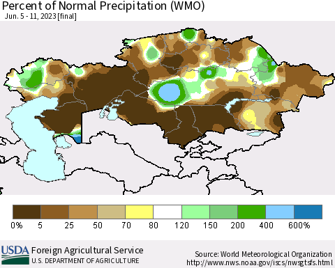 Kazakhstan Percent of Normal Precipitation (WMO) Thematic Map For 6/5/2023 - 6/11/2023