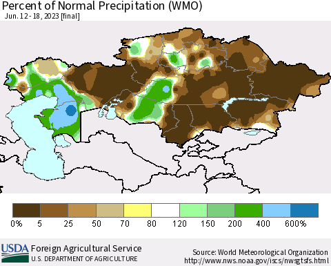 Kazakhstan Percent of Normal Precipitation (WMO) Thematic Map For 6/12/2023 - 6/18/2023