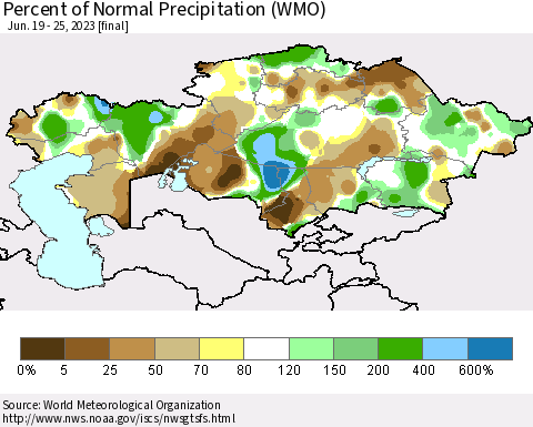 Kazakhstan Percent of Normal Precipitation (WMO) Thematic Map For 6/19/2023 - 6/25/2023