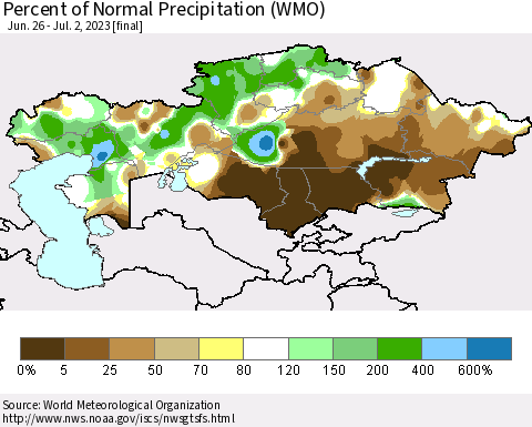 Kazakhstan Percent of Normal Precipitation (WMO) Thematic Map For 6/26/2023 - 7/2/2023