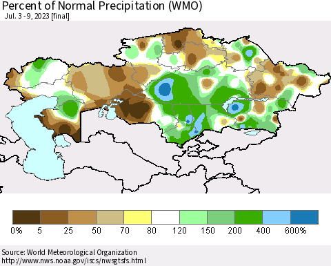 Kazakhstan Percent of Normal Precipitation (WMO) Thematic Map For 7/3/2023 - 7/9/2023