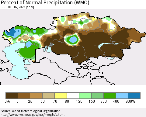 Kazakhstan Percent of Normal Precipitation (WMO) Thematic Map For 7/10/2023 - 7/16/2023
