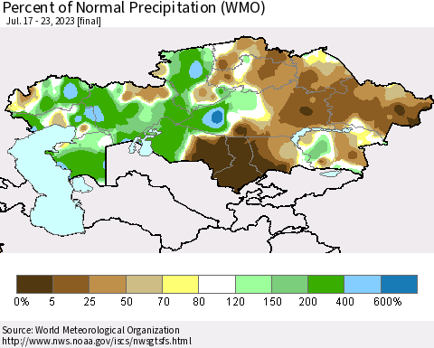 Kazakhstan Percent of Normal Precipitation (WMO) Thematic Map For 7/17/2023 - 7/23/2023