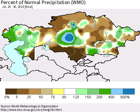Kazakhstan Percent of Normal Precipitation (WMO) Thematic Map For 7/24/2023 - 7/30/2023