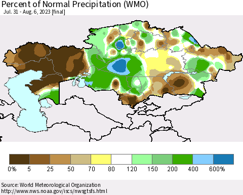 Kazakhstan Percent of Normal Precipitation (WMO) Thematic Map For 7/31/2023 - 8/6/2023